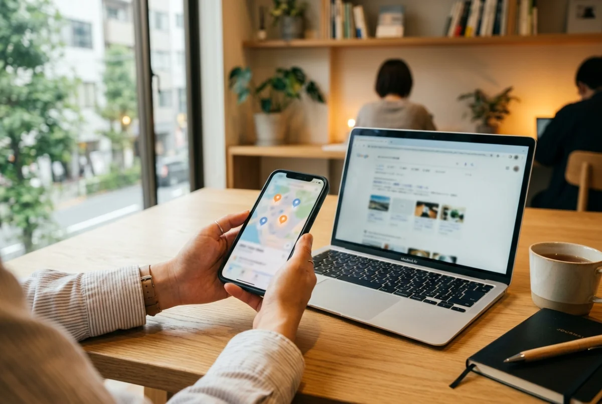 スマートフォンの地図とノートPCの検索結果を確認している様子