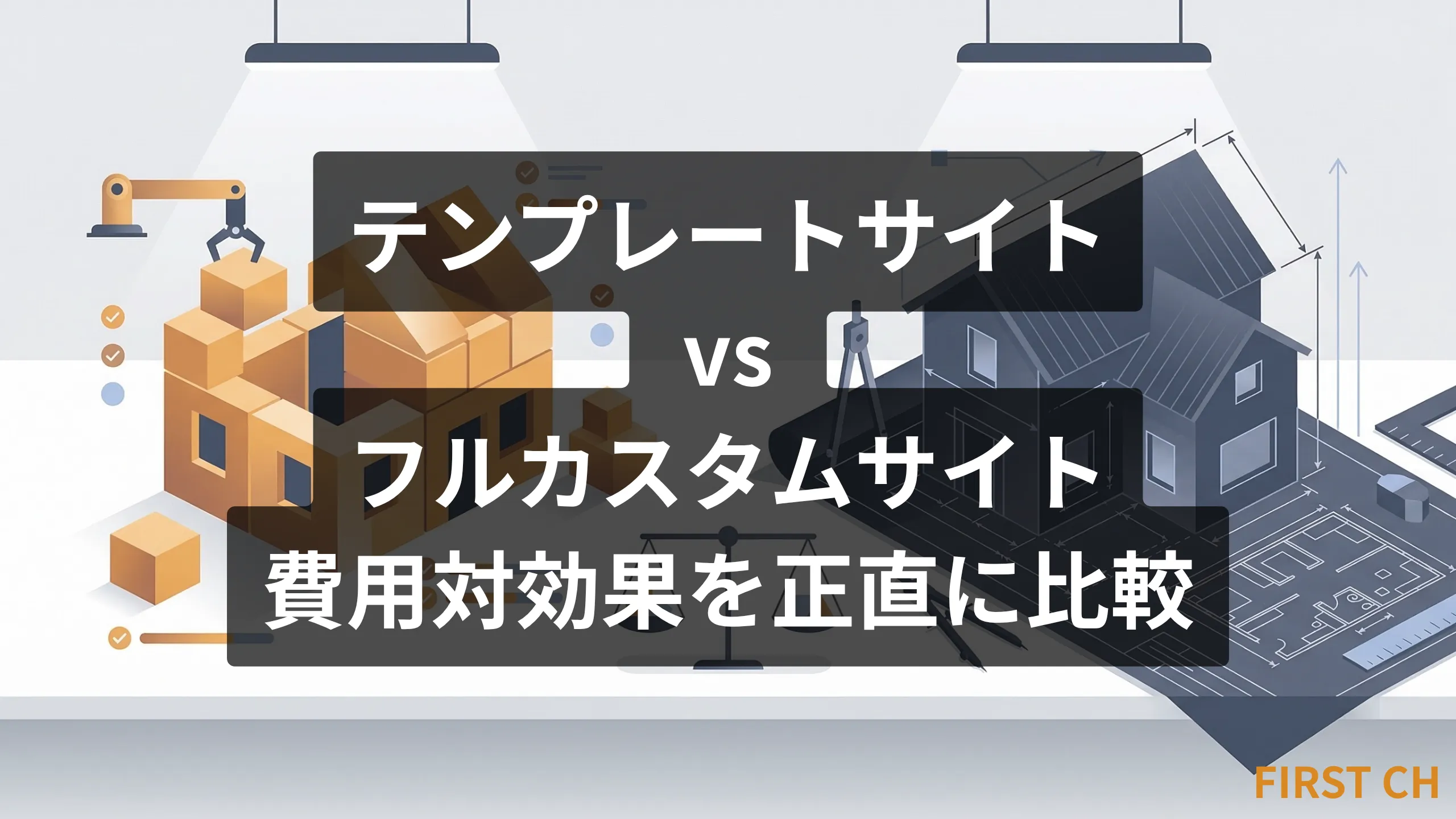 「テンプレートサイト vs フルカスタムサイト｜費用対効果を正直に比較」の記事アイキャッチ画像。左に量産型のテンプレート制作、右にオーダーメイドのカスタム設計を対比したイラスト。