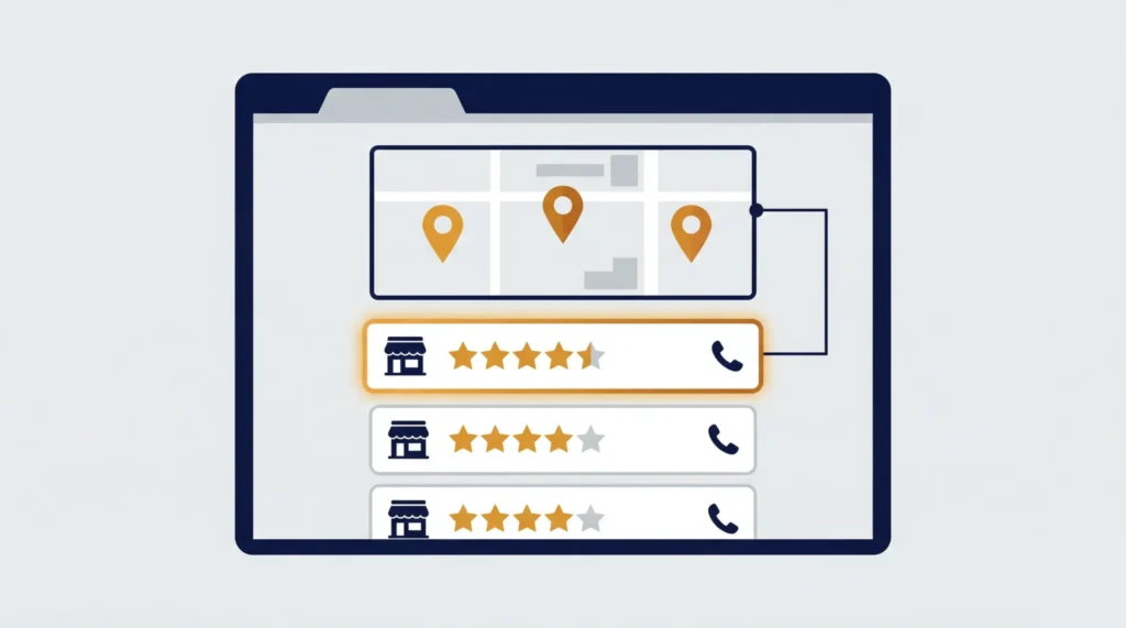 Googleビジネスプロフィールの検索結果表示イメージ。地図上にピンが立ち、店舗名・星評価・電話アイコンが一覧で並んでいる。
