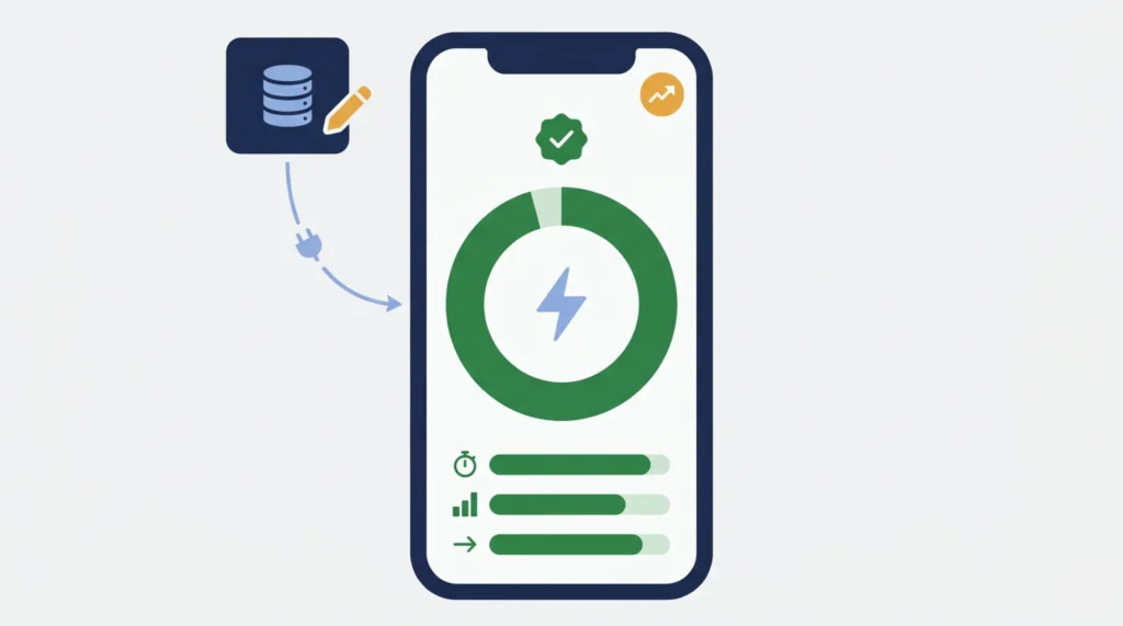ヘッドレスCMS＋Next.js構成で実現される高いモバイルPageSpeedスコアを示すインフォグラフィック。CMSハブからAPIを介してスマホに配信され、画面上の緑色リングゲージが高スコア90〜100点の達成を象徴