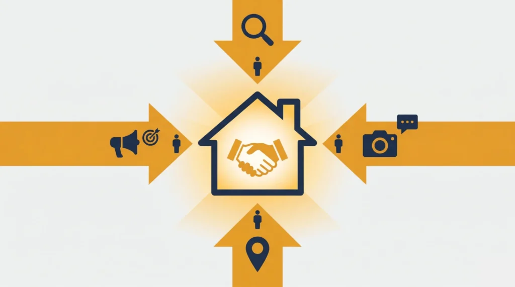 ホームページを営業マンとして機能させる仕組みのイラスト。中央にホームページ(家と握手のアイコン)があり、SEO・SNS・MEO・広告など複数の集客経路から人が流入している様子を表している。