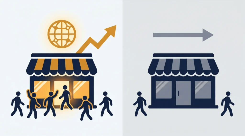 ホームページの有無による新規顧客獲得数の違いを表すイラスト。左はHP有りの店舗で多くの人が集まり右肩上がりの矢印が伸びている。右はHP無しの店舗で人がまばらに通り過ぎている。