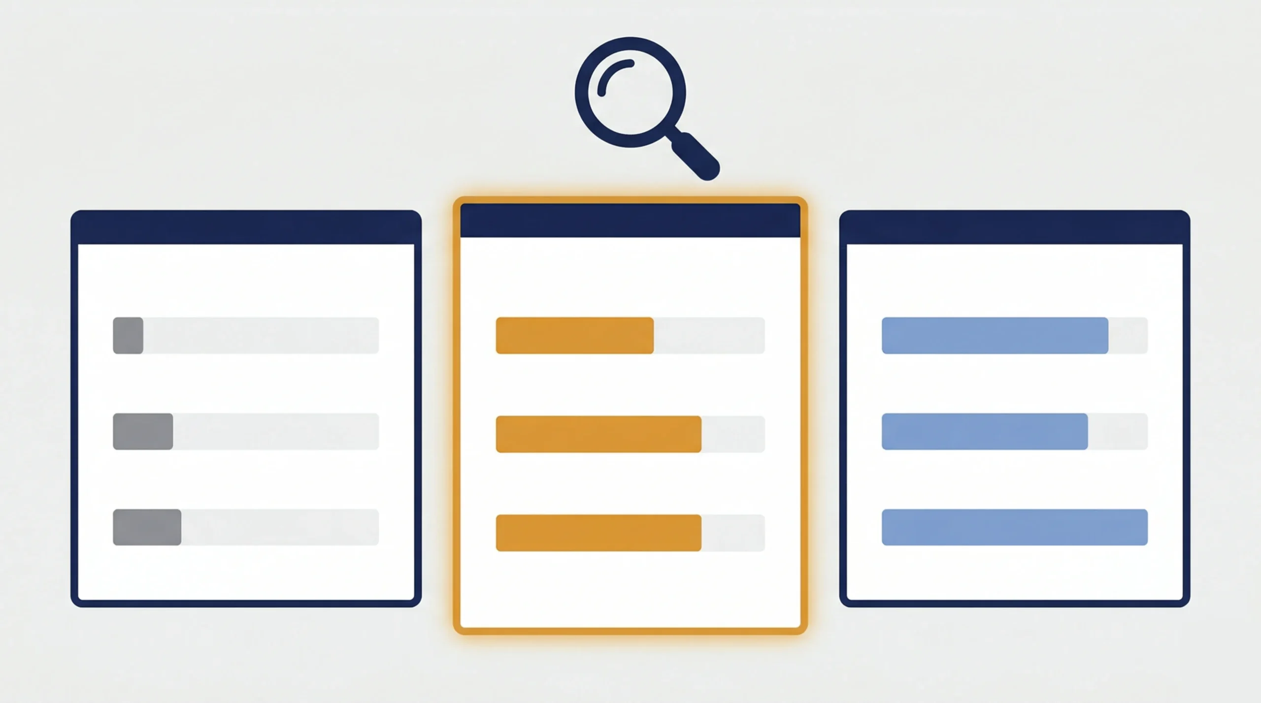 リニューアル案件の見積もりを複数社から取得して比較するイメージ。3枚の見積書が並び、中央の1枚が虫眼鏡でハイライトされ、内容を精査して選定する様子を表している。