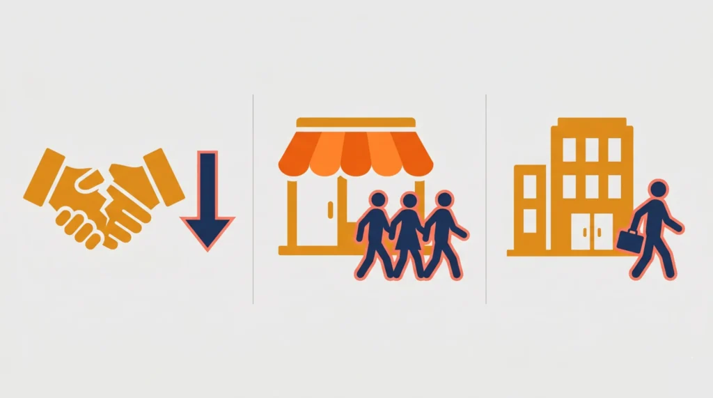 HPがないことで失う3つの機会を示したインフォグラフィック。左から取引（握手アイコンに下向き矢印）、集客（店舗から離れていく顧客）、採用（ビルから去る求職者）の機会損失をそれぞれアイコンで表現している。