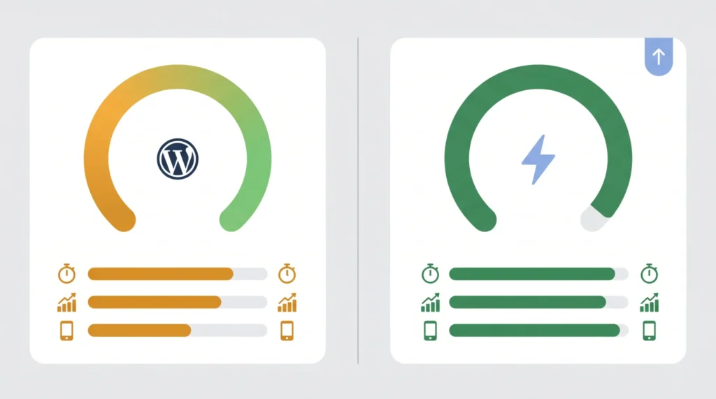 WordPressとNext.jsのPageSpeedスコア比較インフォグラフィック。左がWordPress（約85点）、右がNext.js（約95点）で、Next.jsの方が表示速度で有利なことを視覚化している。