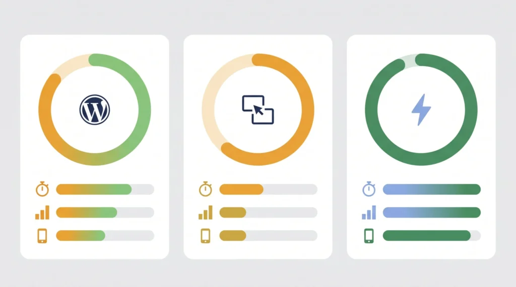 WordPress・Wix・Next.jsのPageSpeedスコア比較インフォグラフィック。左がWordPress（約85点）、中央がWix（約60点）、右がNext.js（約95点）で、Next.jsが最も速く、Wixは表示速度でやや劣ることを視覚化している。