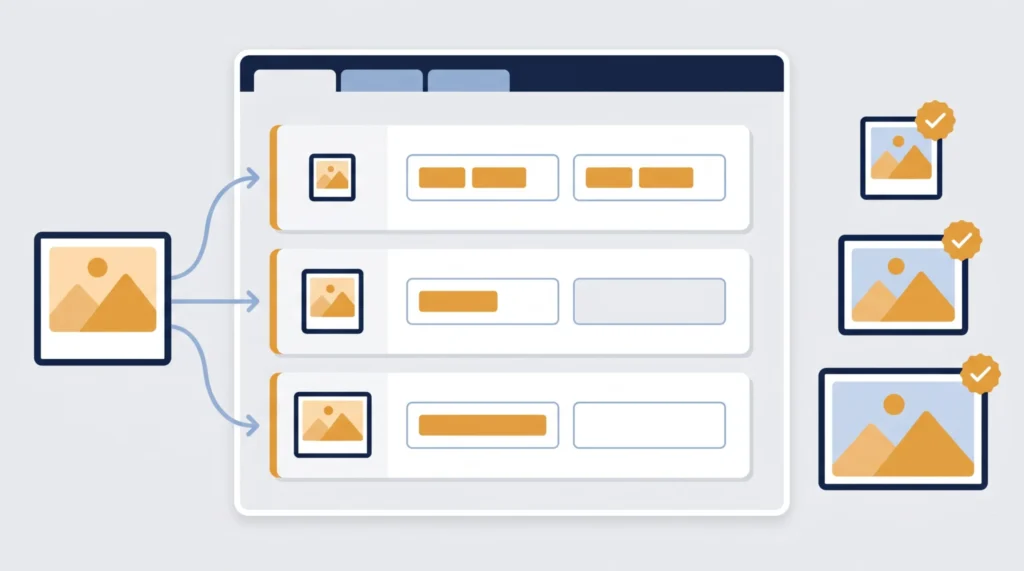 WordPress（SWELL）のメディア設定で、1枚のアップロード画像が複数サイズに自動生成され、ページごとに最適なサイズが配信される仕組みを示す概念図