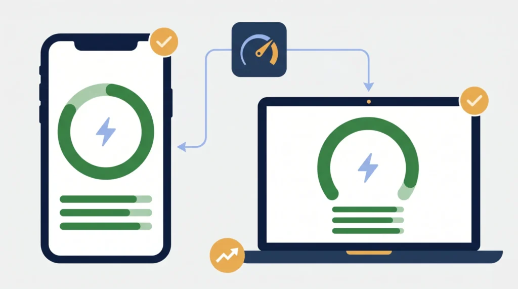 SWELLの高速化設定を実施した制作サイトのPageSpeed Insights結果。モバイル・デスクトップ両方で高スコア（緑色）を達成したイメージ