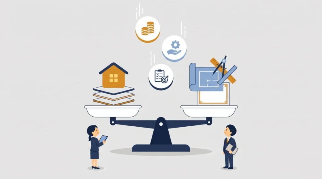 テンプレートとフルカスタム、どちらが正解ではなくお客様のビジネスに最適な方を提案するFirstCHの制作姿勢を天秤で表したイラスト  