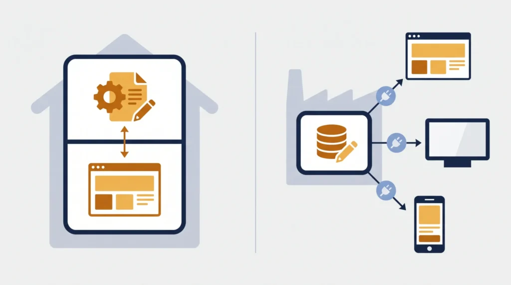 従来型CMSとヘッドレスCMSの構造の違いを示すインフォグラフィック。左は管理画面と表示が一体化した従来型CMS、右は独立したCMSハブからAPI経由で複数デバイス（PC・モニター・スマホ）に配信するヘッドレスCMSの仕組み