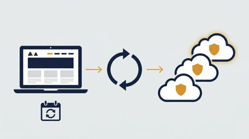 Webサイトのバックアップの仕組みを表すイラスト。左にWebサイトが表示されたPC、中央に定期バックアップを示す循環矢印、右にセキュリティシールド付きのクラウドストレージが並んでいる。