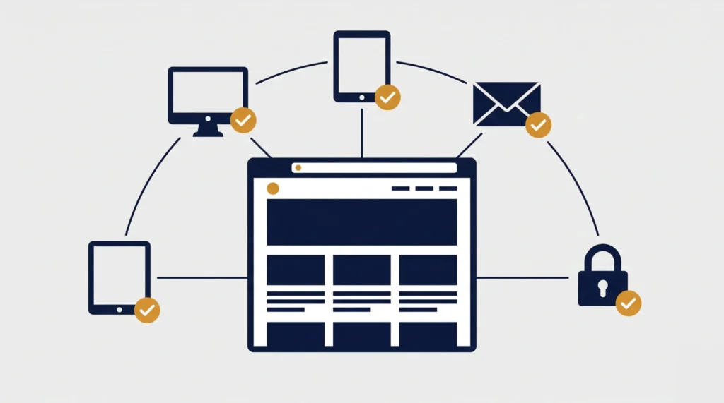 ホームページ公開後の表示確認を表すイラスト。PC・スマートフォン・タブレット・メールフォーム・SSL鍵マークがWebサイトを囲み、各項目にチェックマークが付いている。