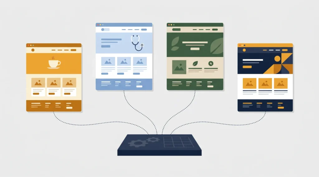 じテンプレートから作られた4種類の異なるデザインのWebサイト例（カフェ・
  医療・自然派・ビジネス）    