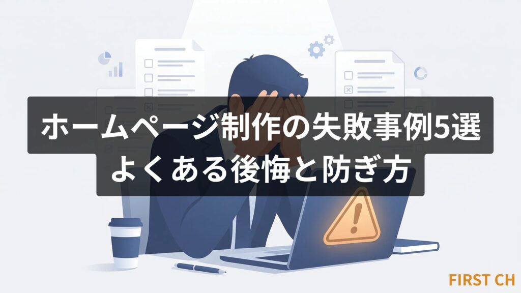 アイキャッチ — パソコン画面に警告マークが表示され、頭を抱えるビジネスパーソンのイラスト。背景にチェックリストが薄く描かれている