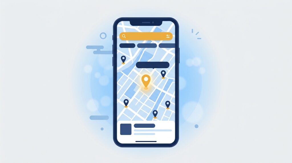 アイキャッチ — スマートフォンの画面にGoogleマップが表示され、地域の店舗にピンが立っているイラスト。検索窓には「近くの○○」と入力されている