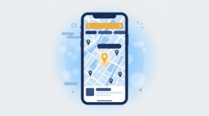 アイキャッチ — スマートフォンの画面にGoogleマップが表示され、地域の店舗にピンが立っているイラスト。検索窓には「近くの○○」と入力されている