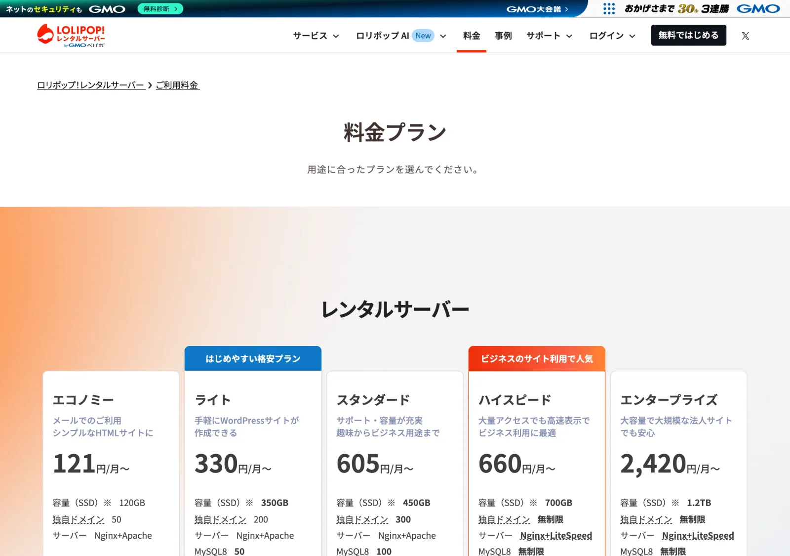 ロリポップ！の料金プランページ。ハイスピードプランをはじめとする各プランの月額料金が一覧表示されている。