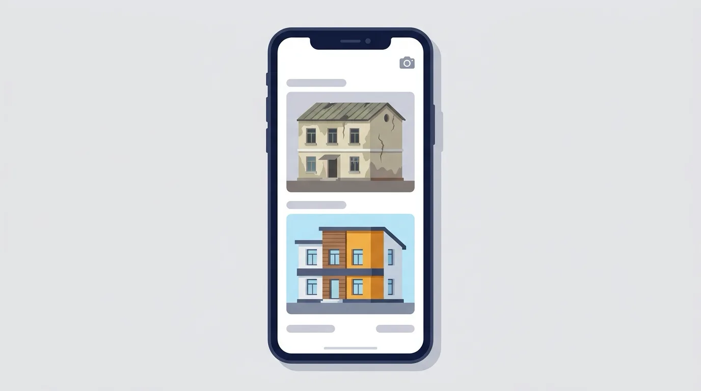 イメージ図（実画面ではありません） 自社事例 — スマートフォンで撮影した施工事例写真のビフォーアフター例