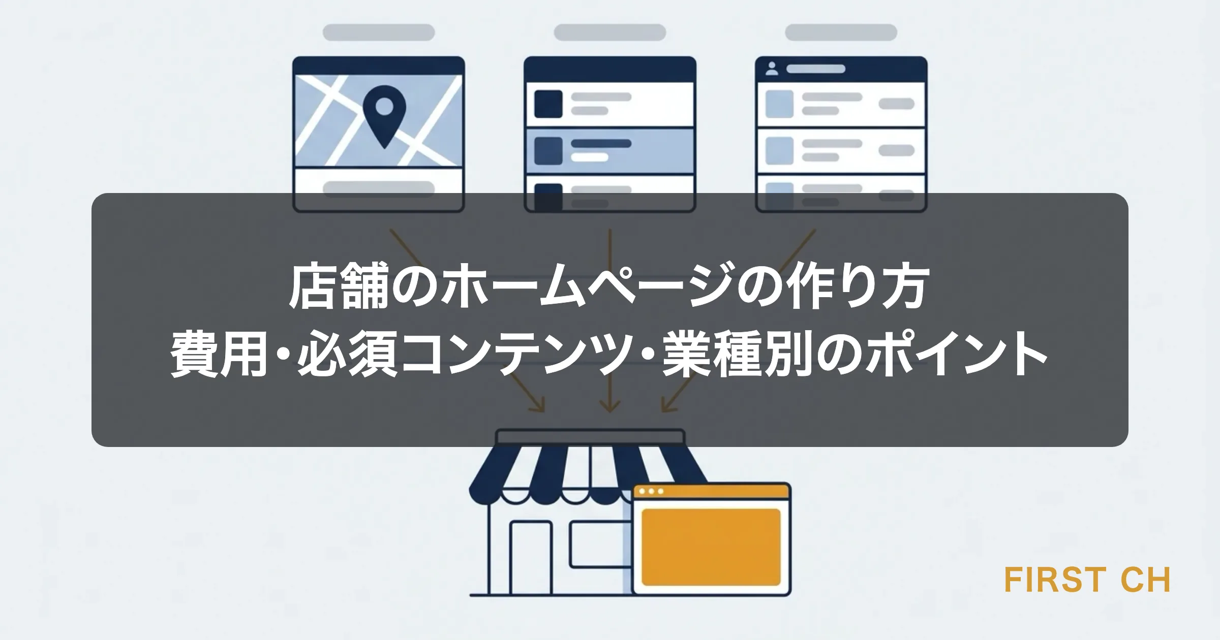 アイキャッチ — 実店舗を中心に、ホームページ・地図サービス・SNS・ポータルサイトが役割分担しながらお客様を店へ導く様子を表した図
