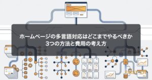 アイキャッチ — 1つのホームページから日本語・英語・中国語の3つの入口が分かれていき、それぞれ更新の手間が枝分かれしていく様子を示した図