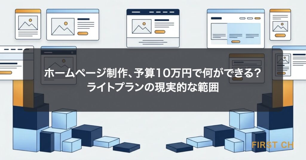 アイキャッチ — 予算10万円というシンプルな数字を起点に、そこから作れるページ構成（トップ・会社概要・サービス・問い合わせ）が積み木のように組み上がっていく様子を示した図