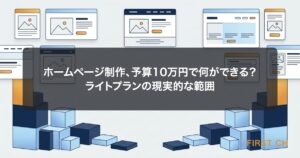 アイキャッチ — 予算10万円というシンプルな数字を起点に、そこから作れるページ構成（トップ・会社概要・サービス・問い合わせ）が積み木のように組み上がっていく様子を示した図