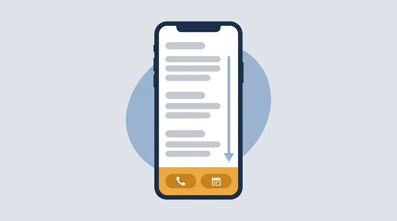 図解 — スマートフォン画面の下部に固定された予約導線と、ページを読み進めるほど予約手段に到達しやすくなる構造を示した図