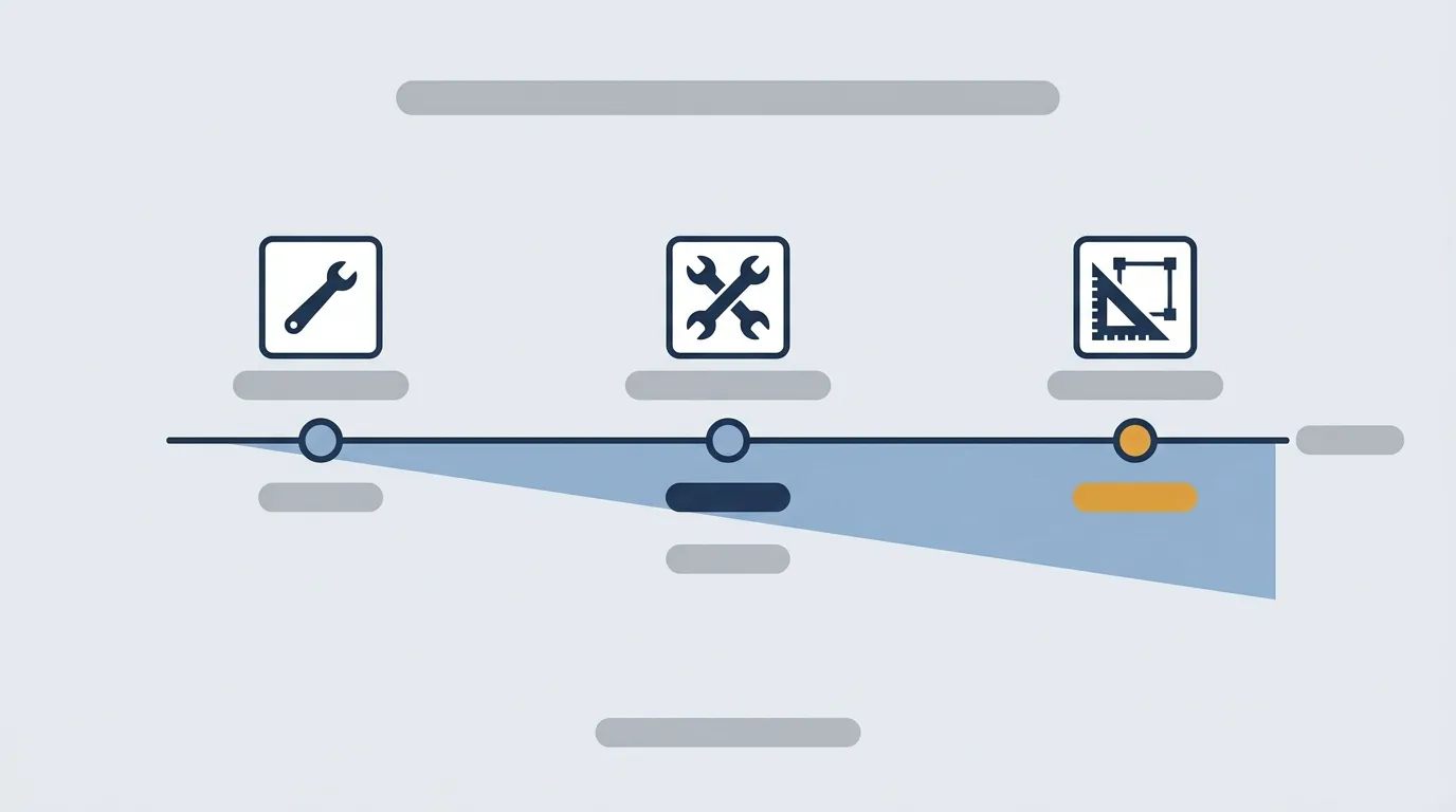 図解 — 放置期間が延びるほど必要な作業が増えていく関係を、3段階の目印で示した図