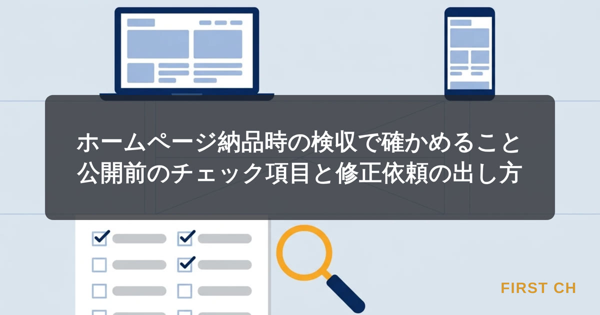 アイキャッチ — 完成したホームページの画面を前に、チェックリストの用紙と虫眼鏡で一つずつ確かめている構図