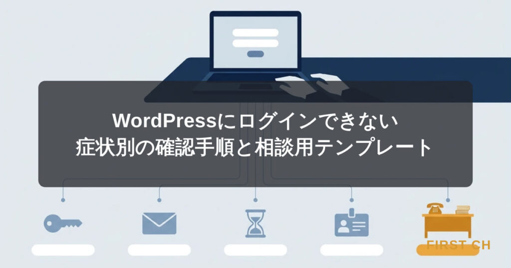 アイキャッチ — 机の上のノートパソコンにログイン画面の枠が映り、担当者の手がキーボードから離れて止まっている。画面から4本の細い線が、鍵の形のリンク・封筒・砂時計・名札の4つの小さな確認先へ延び、5本目の線が電話と書類の相談先へ向かう構図