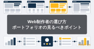 アイキャッチ — 複数のWebサイト実績を虫眼鏡で精査しているビジネスパーソンのイラスト