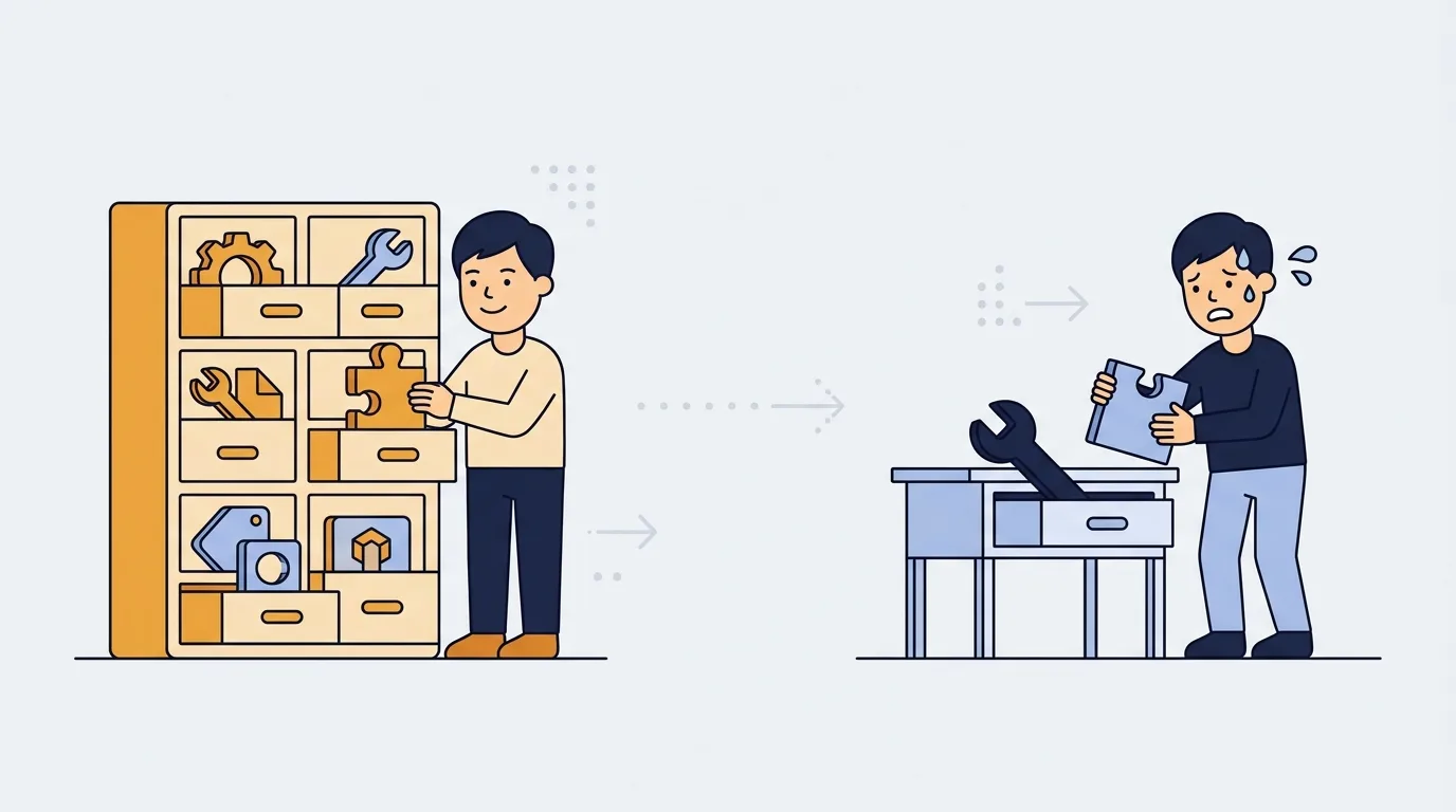 概念図 — 案件タイプ別に最適な技術(WordPress/Next.js等)を対応づけたマトリクスのイメージ